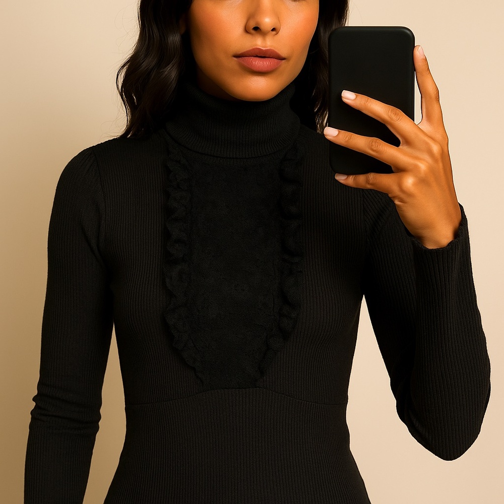 Free People Black Ribbed Turtleneck Ruffle Lace Front size XS